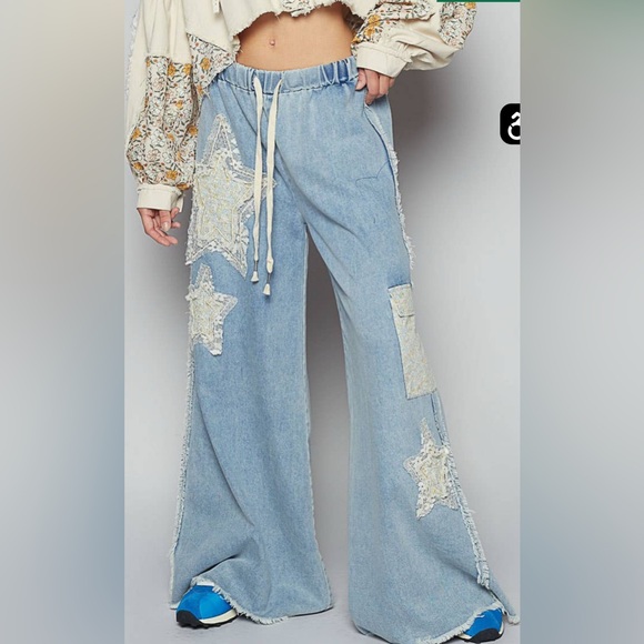 POL Light Blue Flare Jeans Star Patches Fabric Pockets Elastic Drawstring Waist - Picture 9 of 15